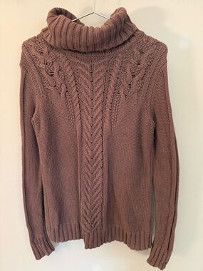Moda International Cable-Front Folded Turtleneck Sweater in Mauve Pink